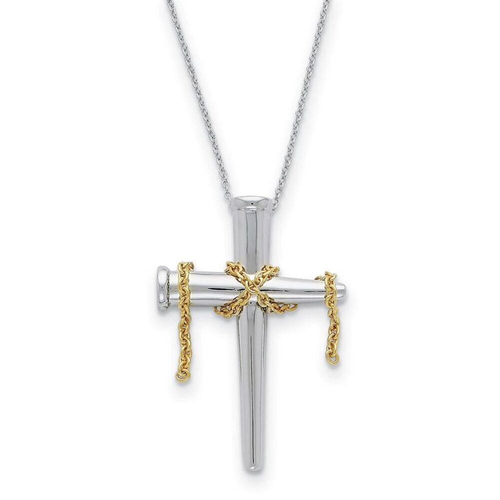 Rhodium & Gold Tone Plated Sterling Silver Nail Cross Necklace, 18 In.